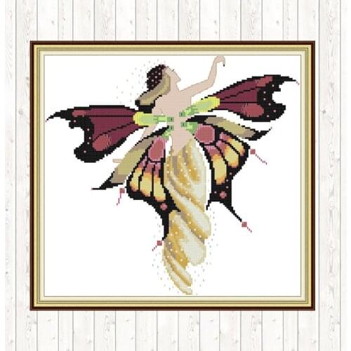 Chinese Cross Stitch Printed Fabric Aida Cloth 14ct DMC Cotton Thread Butterfly Fairy Counted Canvas Embroidery Cross Stitch Kit