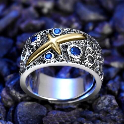 New Star Blue Ring Male Silver Single Domineering Trendy Mens Personality Thai Silver Retro Opening Widening Korean Trendy Men