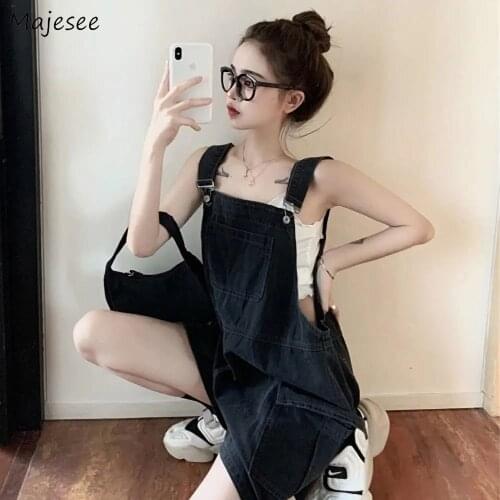 Rompers Women Denim Loose All-match Fashion Korean Style Vintage Students Summer Wide-leg Straps Simple Daily Female Playsuits