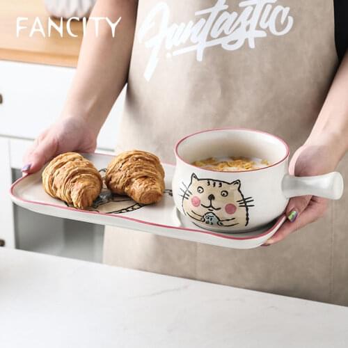 FANCITY Ceramic handle bowl, single handle bowl, milk oatmeal bowl, breakfast bowl, cute cartoon breakfast tableware