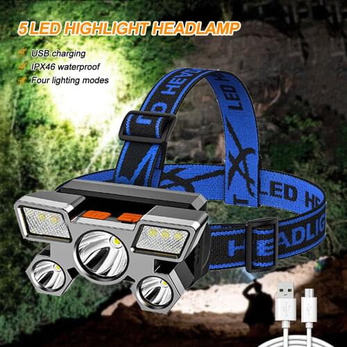Super Bright 5LED Headlamp With Built-in 18650 Battery USB Rechargeable Portable Flashlight Lantern Outdoor Camping Headlight