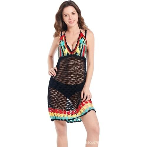 2021 New Crochet Hollow Out Bikini Cover Up Swimwear Summer Deep V Neck Beach Dress Holiday Beachwear