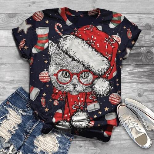 Christmas Ladies Bottoming Shirts Round Neck Short-sleeve Tops Summer Animal 3D Cats Printing Tees Harajuku Female Streetwear