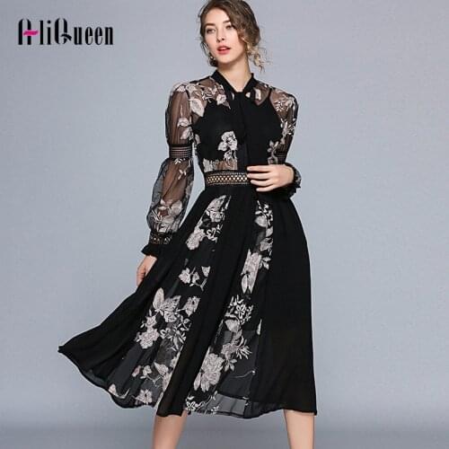 Rose Embroidery Feather Runway Sexy Women Dress Elegant Long Sleeve Bow Neck Mesh Chiffon Evening Party Long Dress Plus Size