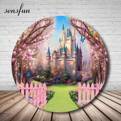 Sensfun Princess Castle Round Circle Backdrops For Photography Pink Flowers Tree Fence Butterfly Girls Birthday Party Background