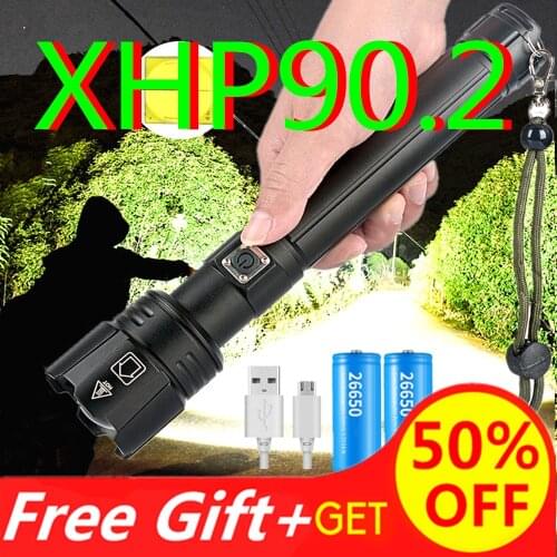 8000LM Super Bright XHP90.2 LED Flashlight 2020 NEW 26650 USB Rechargeable XHP70 Tactical Light 18650 Zoom Camp Waterproof Torch