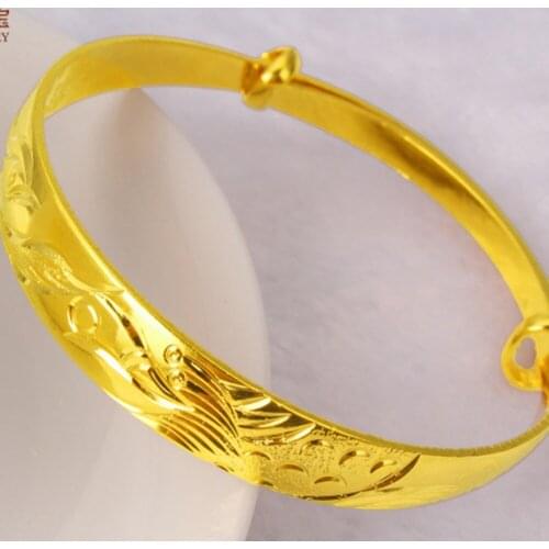 Thick Adjustable Bangle Yellow Gold Filled Womens Bangle Bracelet Dragon Phoenix Pattern