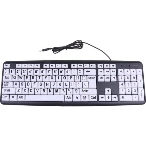 USB Wired PC Computer Gaming Keyboard High Contrast Large Print White Keys Black Letter for Old People Visual Impairments People