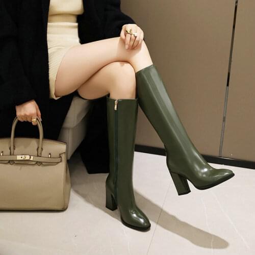 ZawsThia Patent PU Leather Booties Woman Olive Green Burgundy Red Elegant Lady Winter High Heels Knee High Boots Big Size 47 48