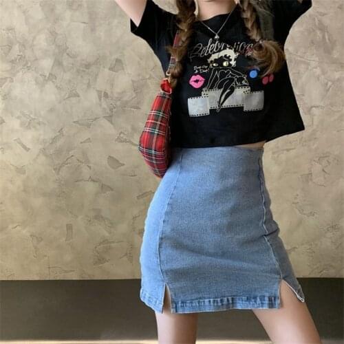 Streetwear High Waist Split Demin Skirt Korea Style Summer Blue Mini Jean Skirts Female Jupe Falda Fashion 2020