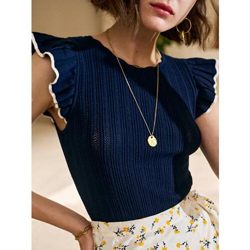 Nathan Knit T-shirt Women Summer Ruffled Sleeves Round Neck Knitwear Elegant Maille Tee Shirt Femme Casual Jumper Top 2021