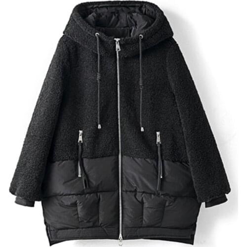 2021 New Winter Womens Leather Parkas Loose Large Size Female Jackets Faux Sheepskin Hooded Lady Coats Sheep Shearing Spleted