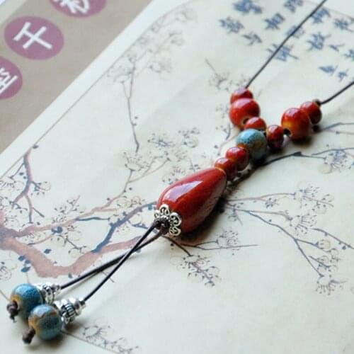 Water Drop Pendants Necklaces Women Long Tassel Sweater Charm Choker Ceramic Beads Chain Vintage Stone Adjustable Necklace Gifts