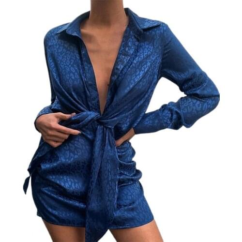 Women Shirt Dress Leopard Print Irregular Turndown Collar Long Sleeve Turndown Collar Long Sleeve Bandage Dress Streetwear 2XL