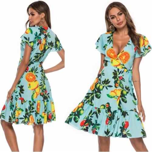 Dress Beach Dress printing women deep V collar Short sleeve Frenulum Bohemia fashion sexy Fruits summer flower dresses Female