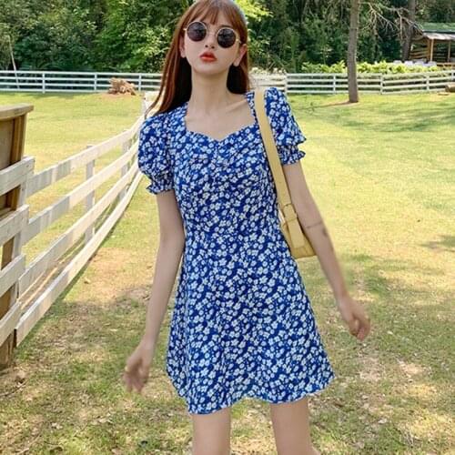 Women Floral Print V-neck Elegant Chiffon Dress Vintage Puff Short Sleeve Fashion Casual Summer Dress