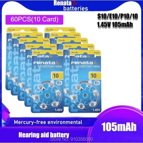 10pack(60PCS) 100% Original RENATA ZA10 PR70 A10 1.45V Advanced Hearing Aid Batteries CIC Ear Care Button Cell Battery