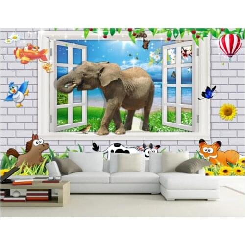 Custom photo 3d wallpaper Cartoon childrens room with elephant brick wall outside the window home decor wallpaper for walls 3 d