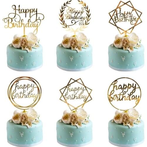 6pcs/bag Gold Happy Birthday Cake Topper Acrylic Cupcake Topper Birthday Cake Decorations Kids Favors Party Supplies