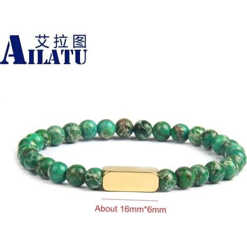 Ailatu New Charm Stainless Steel Logo Bracelet 6mm Natural Sea Sediment Stone Beads Earth Couples Jewelry