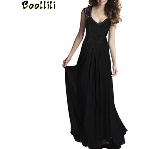 Boollili Summer Dress 2020 Lace Chiffon Elegant Party Dress Maxi V-Neck Sleeveless Black Blue Red Vestidos