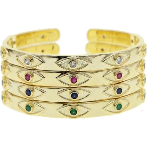 Gold color fashion jewelry red blue green white cubic zirconia evil eye chunky band open bangle for women