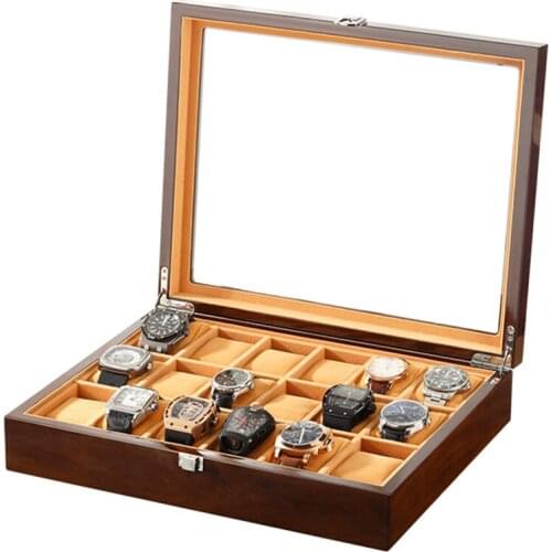 18 Slots Wood Watch Box Window Open Holder Brown Organizer Watches Ring Storage Case Jewelry Display Rectangle Showcase