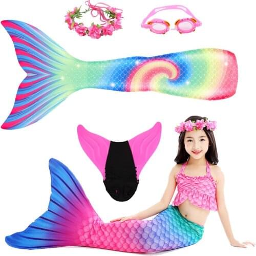 Girls Rainbow Mermaid Tails with Monofin and Goggle Mermaid Tail Bathing Suit Child Cosplay Swimsuit Halloween Costume for Kids