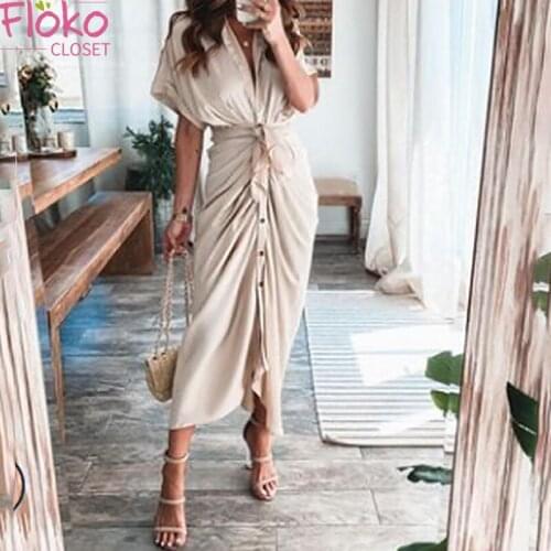 Flokocloset Solid Color Maxi Dresses for Women Summer 2021 Short Sleeve Button Office Lady Party Irregular Dress Vestidos