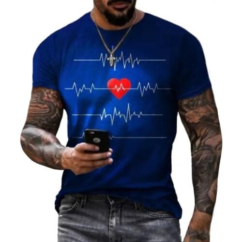 2021 Summer Oversized T-shirt Mens Casual O-neck Short Sleeve Retro Fashion Plain Heartbeat Print Loose Top XXS-6XL Clothing