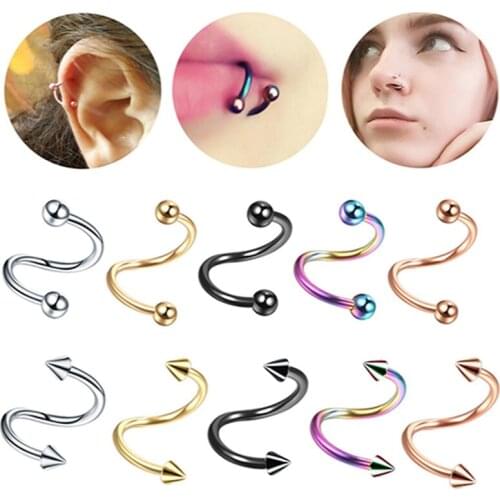 5pcs/set Stainless Steel Nose Rings Spiral Twisted Barbell Earrings Labret Helix Piercing Unisex Men And Women Jewelry