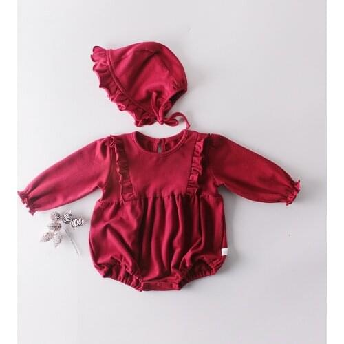 Baby Girl Jumpsuit Spring Autumn Newborn Clothes Princess Solid Red Party Pretty Long Sleeve Badysuit Romper +Hat 2Pcs Sets Suit