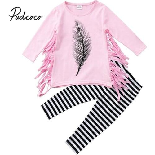 Summer Toddler Kids Baby Girl Feather Tassel Long Sleeve Tops T-shirt +Striped Leggings Long Pants 2Pcs Fashion Outfits Set 2-7Y