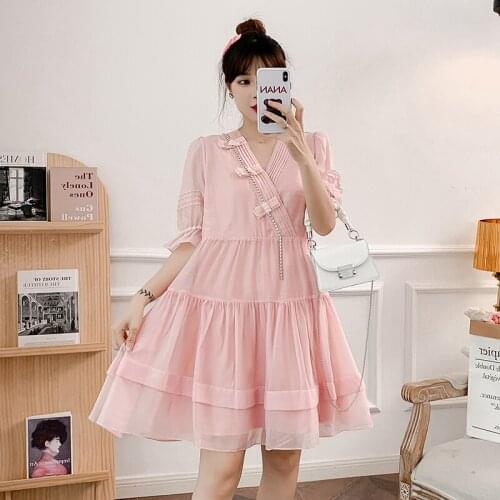 V-Neck Puff Sleeve Bow Sweet Mini Dress Women Summer High Waist Loose Solid Plus Size Party Dresses Female Fashion Vestidos