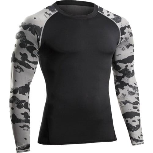 Fashion 2020 autumn winter Camouflage sleeve O-Neck Patchwork skinny elastic compression tight quick drying tshirts shapers men