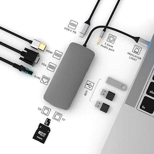10-in-1 New USB3.0 Type-C to HDMI VGA PD card readerHUB multi-port adapter USB hub 5Gbps docking Station