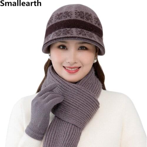 New Women Winter Hat Scarf /Gloves Sets Female Three - piece Knitted Hats Scarf Set for Girl Lady Mom Warm Skullies Beanies Caps