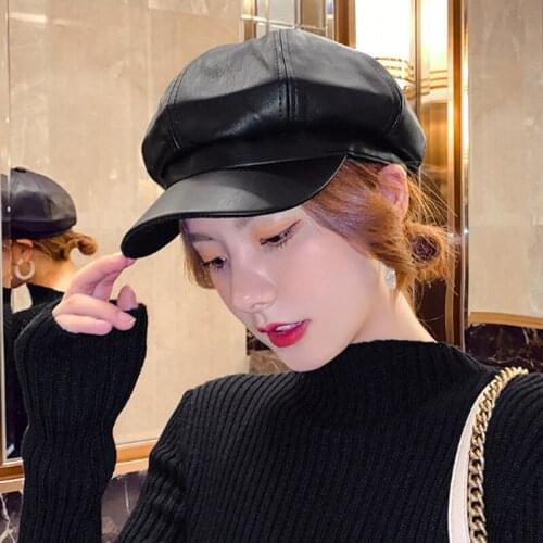 Autumn and winter ladies hats solid color octagonal newsboy hat men and women casual pu hat winter beret ladies painter hat