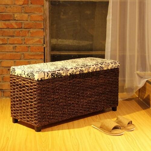 Pastoral rattan shoes changing stool storage stool solid wood shoe cabinet covered storage stool living room sofa stool low Stoo