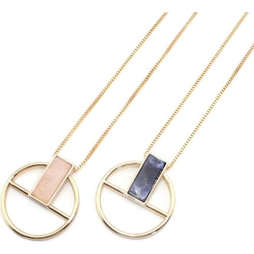 Rectangle Rose Pink Quartz Blue Natural Stone Pendant Long Gold Chain Necklaces Geometric Circle Accessories Jewelry