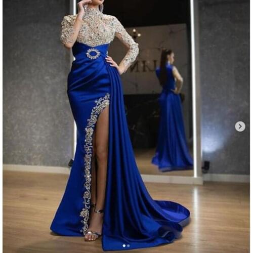 Luxury Royal Blue Evening Dresses 2020 Shiny Beaded Lace High Neck Sexy Slit Long Sleeve Mermaid Prom Dress robe de soiree