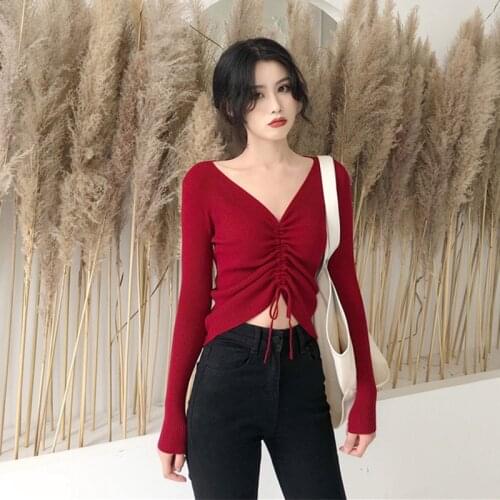 V neck sweater V-neck knit bottoming sweater slim fit sweater drawstring long sleeve top Pullover