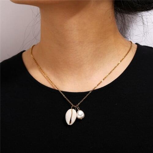 Vintage Gold Geometric Free Style Necklaces For Women Boho Fashion Shell artificial pearl Pendant Necklace Jewelry Party Gift