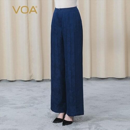 VOA Silk Jacquard Navy Blue Natural Waist Three-dimensional Fold Edge Zipper Pocket Loose Vertical Wide-leg Pants Summer KE389
