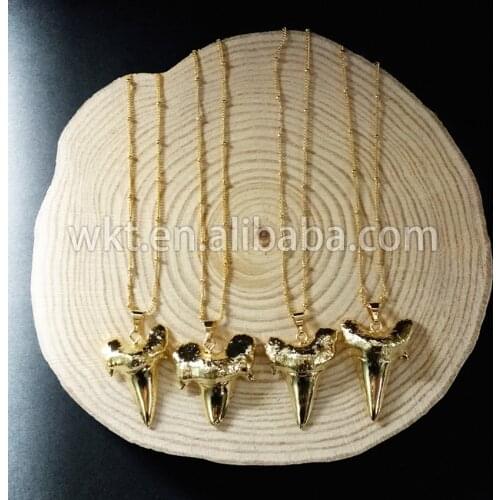 WT-N486 Wholesale Full gold electroplated lovely shark teeth necklace, Fashion tiny ball bead chain shark tooth necklace