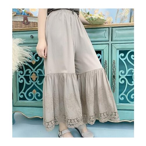 Womens Cotton Lace Patchwork Wide-legged Pants with Loose-fitting High-waisted Skirt Pants Cute Mori Girl Vintage Boho Clothing