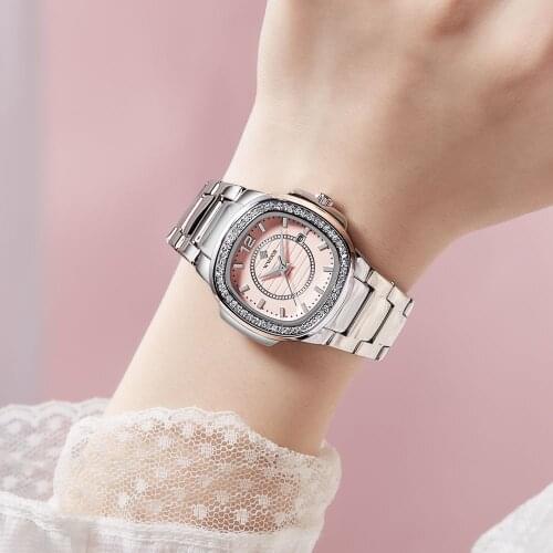 WWOOR Fashion 2021 New Top Brand Diamond Women Quartz Watch Pink Dial Stainless Steel Waterproof Dress Wristwatches Montre Femme