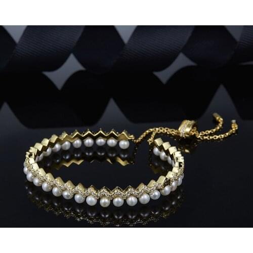 SLJELY High Quality 925 Sterling Silver Yellow Gold Color Up and Down Zigzag Bracelet with Pearl Zircon CZ Fine Women Jewelry