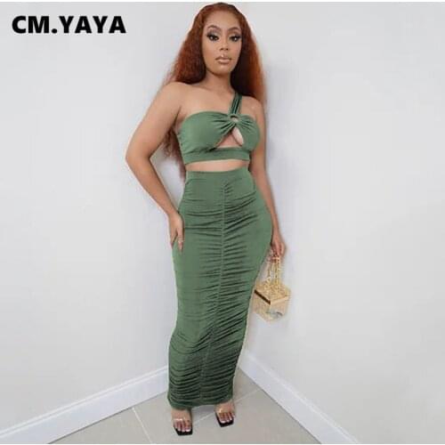 CM.YAYA Women Set Solid Sleeveless Hollow Out Crop Tops Sheath Elastic Shirring Long Skirts Two 2 Piece Sets Sexy Night Outfit