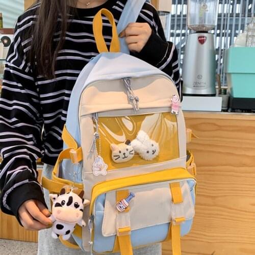 New Contrast Color Women Backpack Female Transparent Pocket Travel Bag School Backpacks for Teenage Girls Button Big Schoolbag